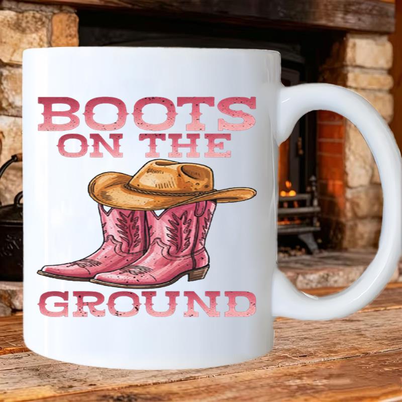 Tailorly White Ceramic 11 oz Mug - pink boot and cowboy hat