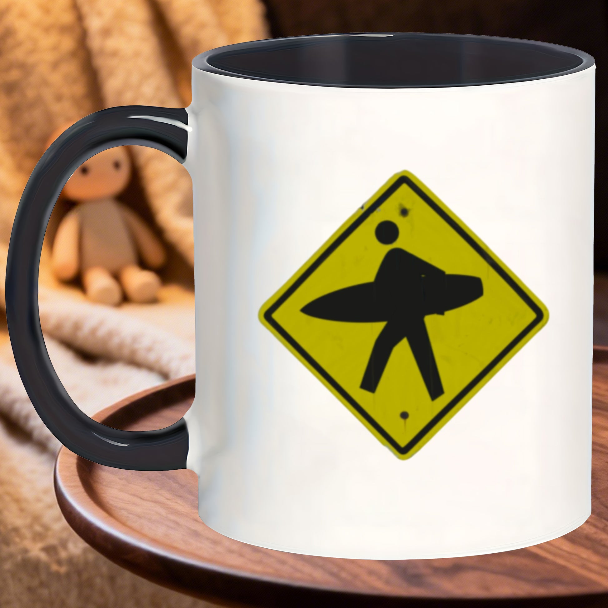 Tailorly Black Accent 11 oz Mug - crackle glaze coffee surfer crossing sign graphic mugs for desk work library reading drinks rooftop