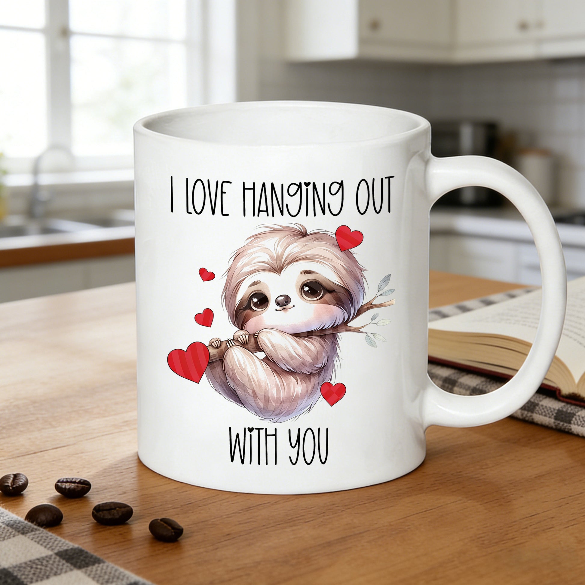 Tailorly White Ceramic 11 oz Mug - cute sloth with hearts