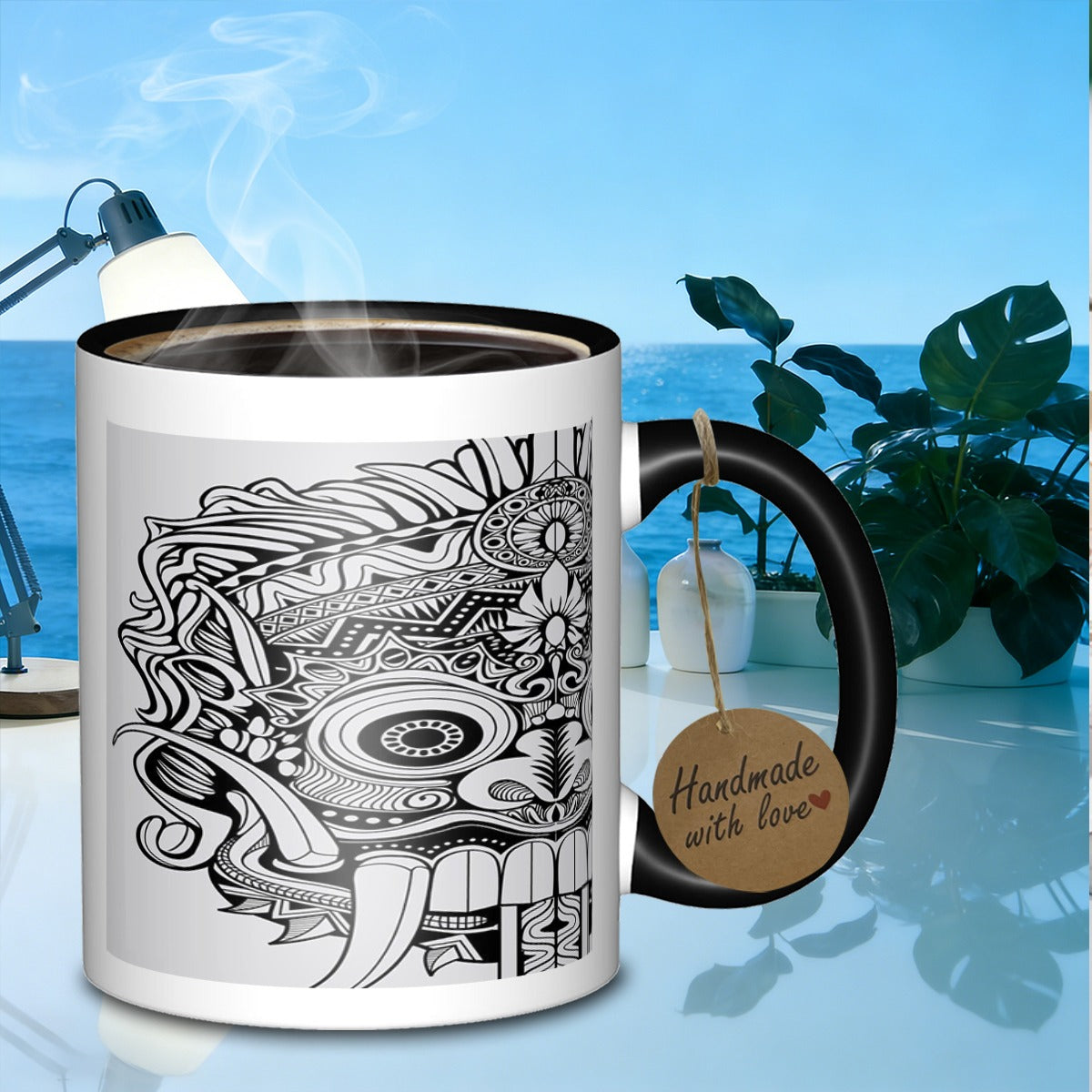 Tailorly Black Accent 11 oz Mug - ornate tribal mask visage