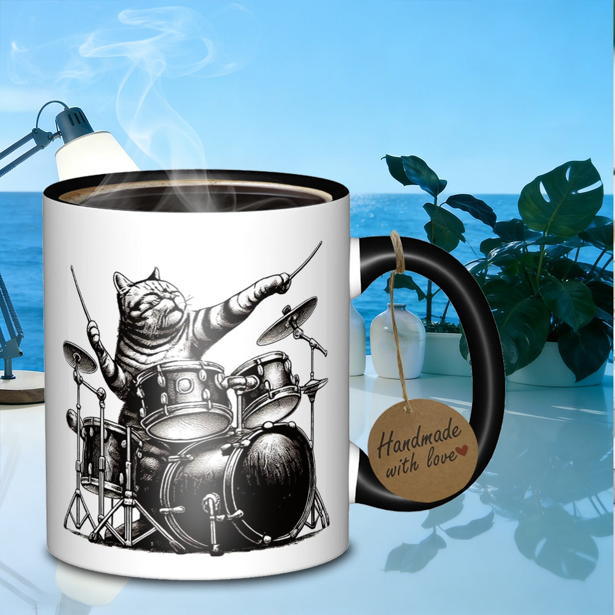 Tailorly Black Accent 11 oz Mug - drummer cat with stripes
