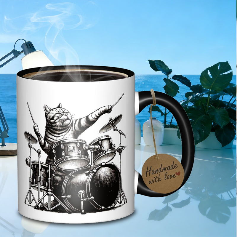 Tailorly Black Accent 11 oz Mug - drummer cat with stripes