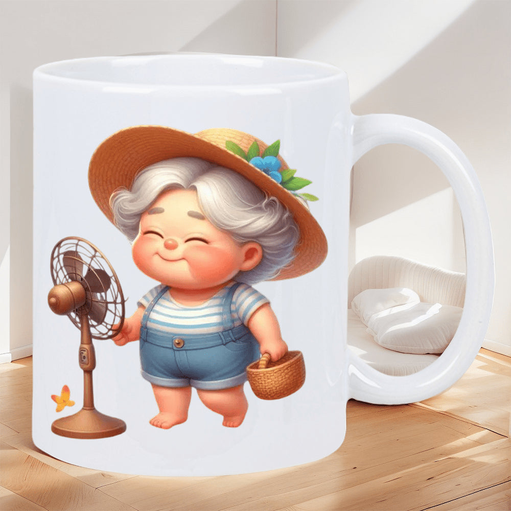 Tailorly White Ceramic 11 oz Mug - adorable grandma with fan and basket