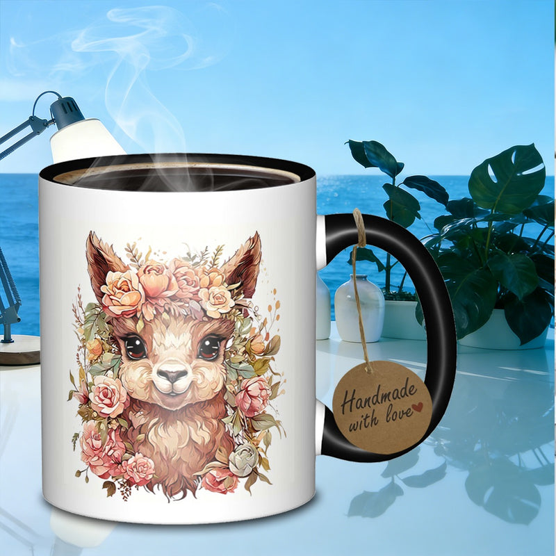 Tailorly Black Accent 11 oz Mug - floral llama portrait