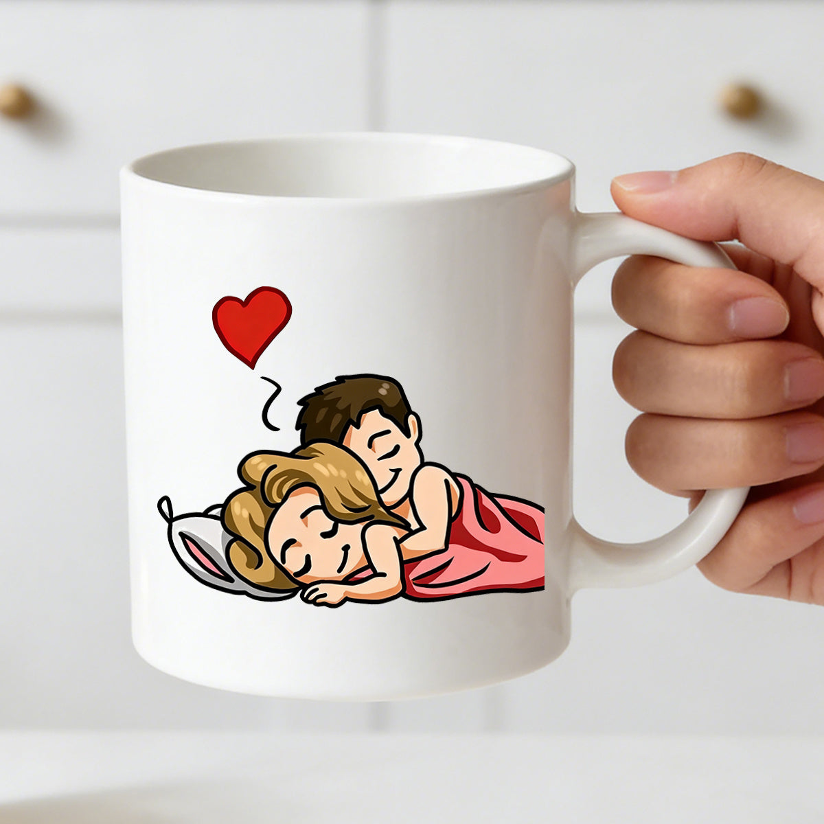 Tailorly White Ceramic 11 oz Mug - cartoon couple embracing with a heart