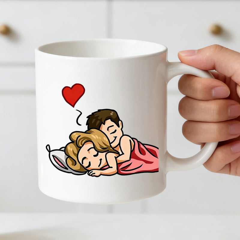 Tailorly White Ceramic 11 oz Mug - cartoon couple embracing with a heart