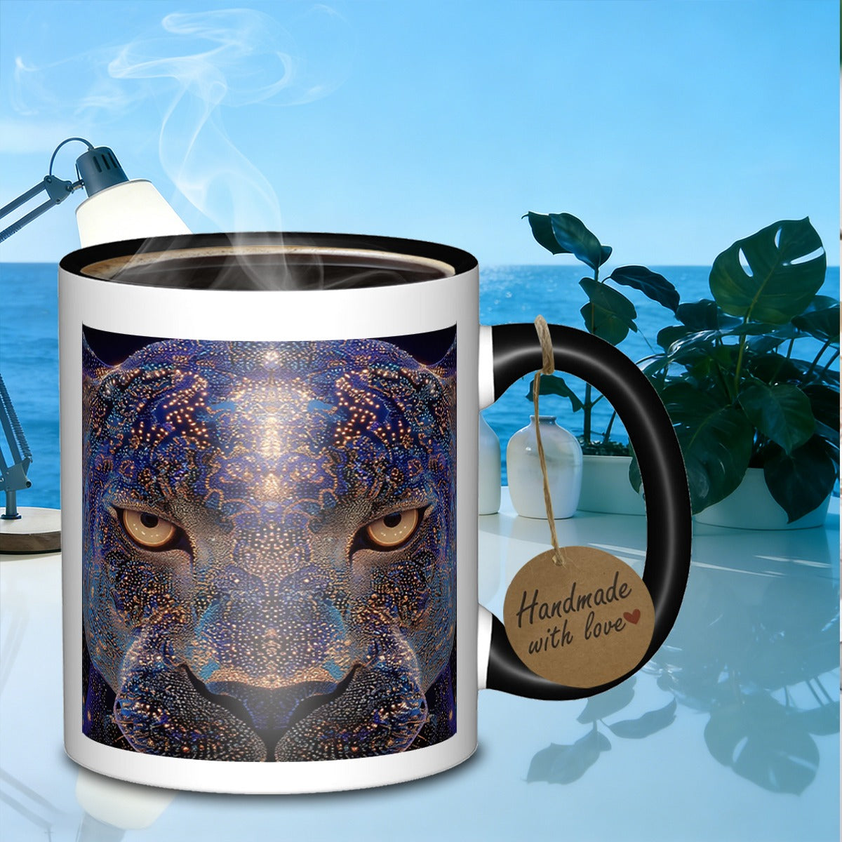 Tailorly Black Accent 11 oz Mug - glow leopard portrait