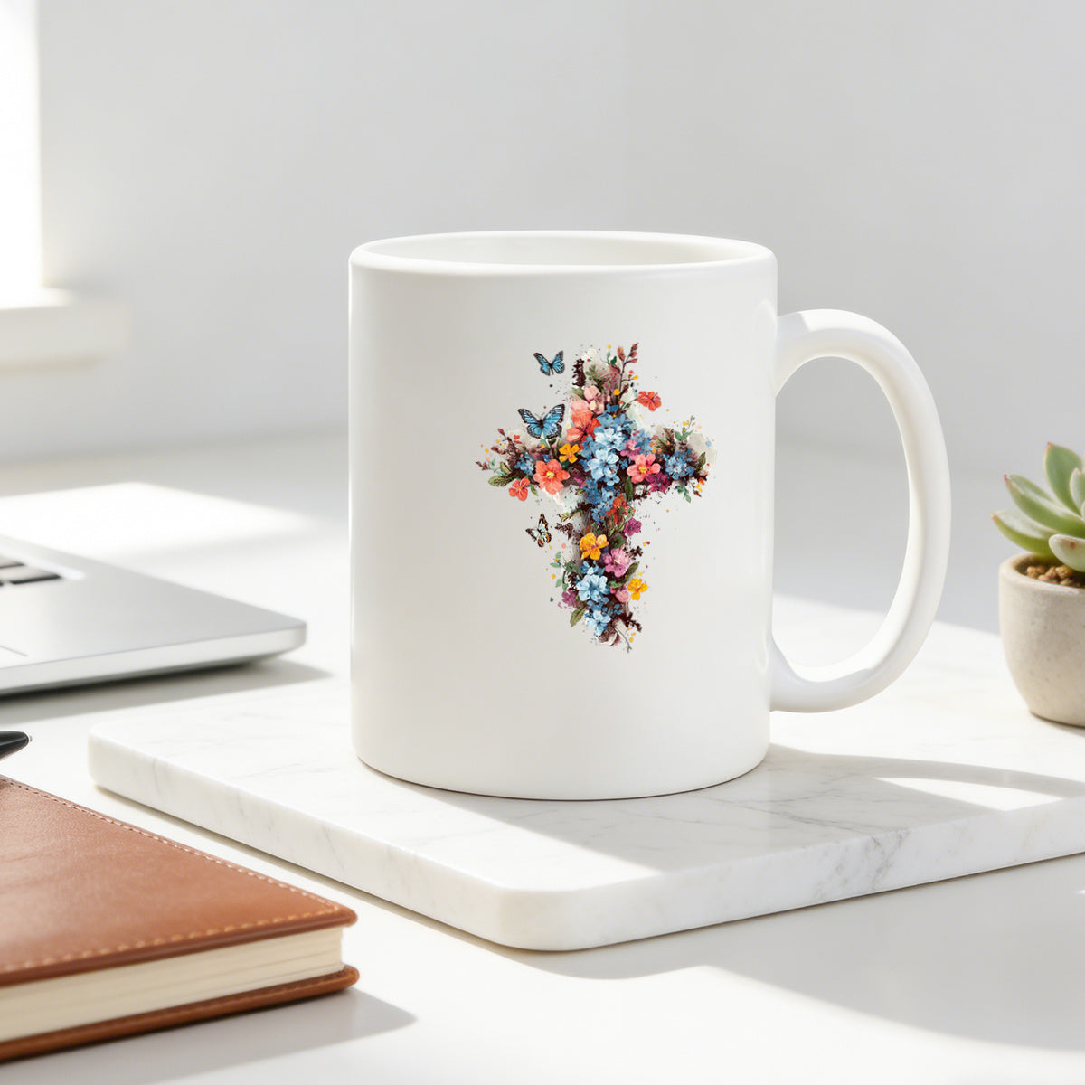 Tailorly White Ceramic 11 oz Mug - watercolor floral cross with bright flowers and butterflies