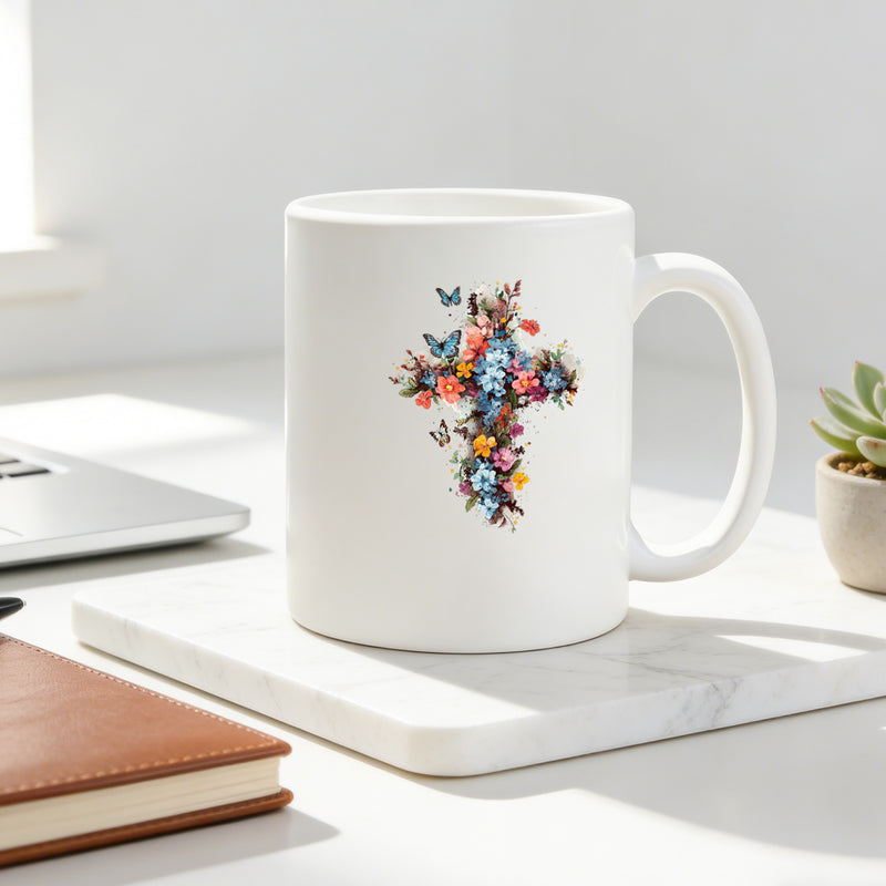 Tailorly White Ceramic 11 oz Mug - watercolor floral cross with bright flowers and butterflies