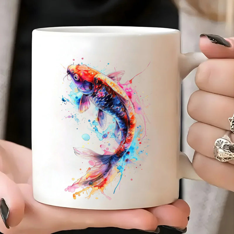 Tailorly White Ceramic 11 oz Mug - vibrant watercolor japanese koi blue orange ink pattern