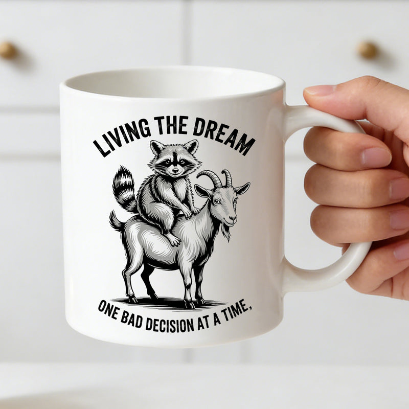 Tailorly White Ceramic 11 oz Mug - raccoon on goat