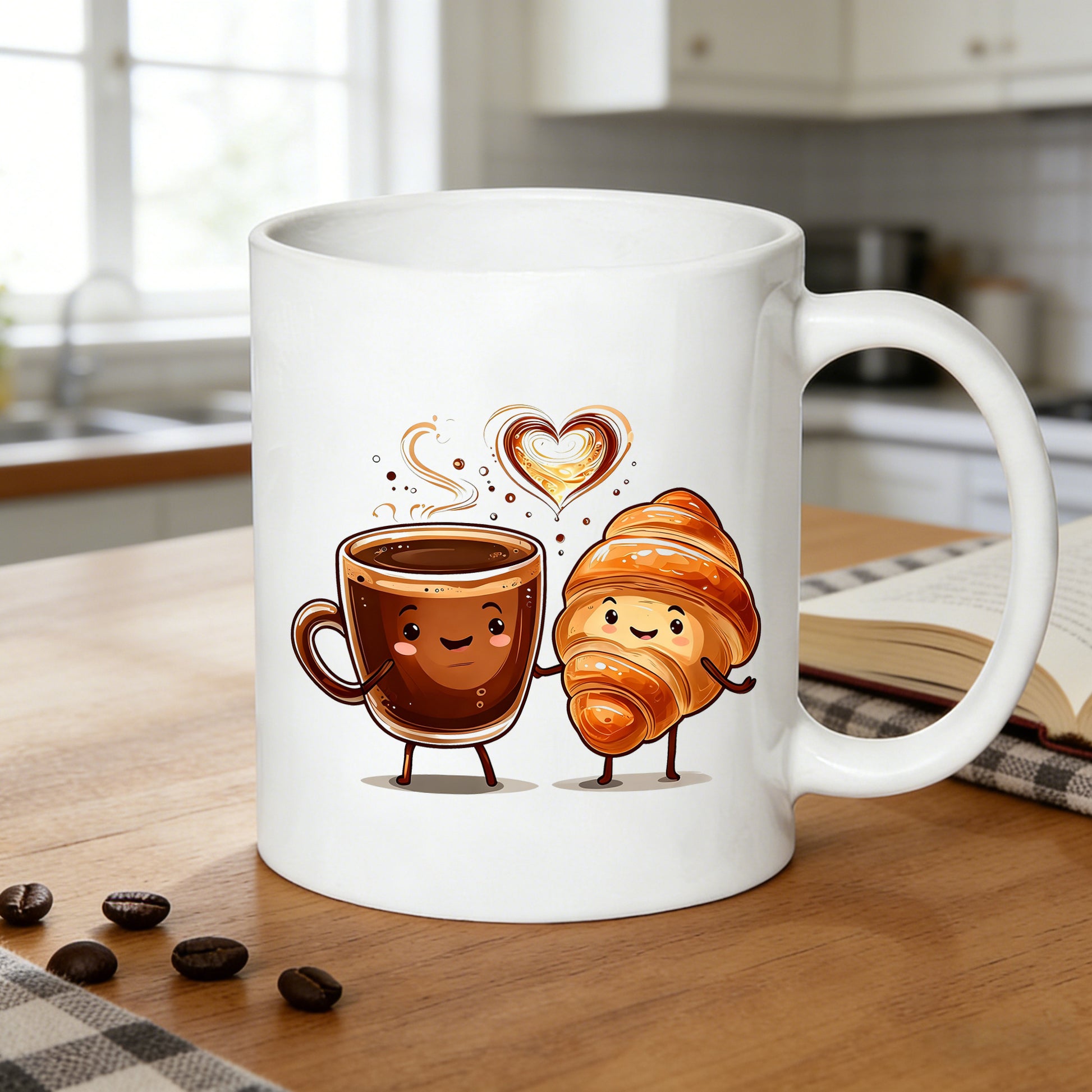 Tailorly White Ceramic 11 oz Mug - coffee croissant couple cute breakfast characters