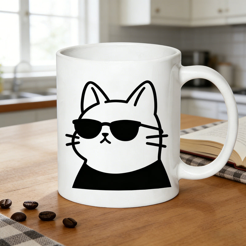 Tailorly White Ceramic 11 oz Mug - cat glasses minimalist black white