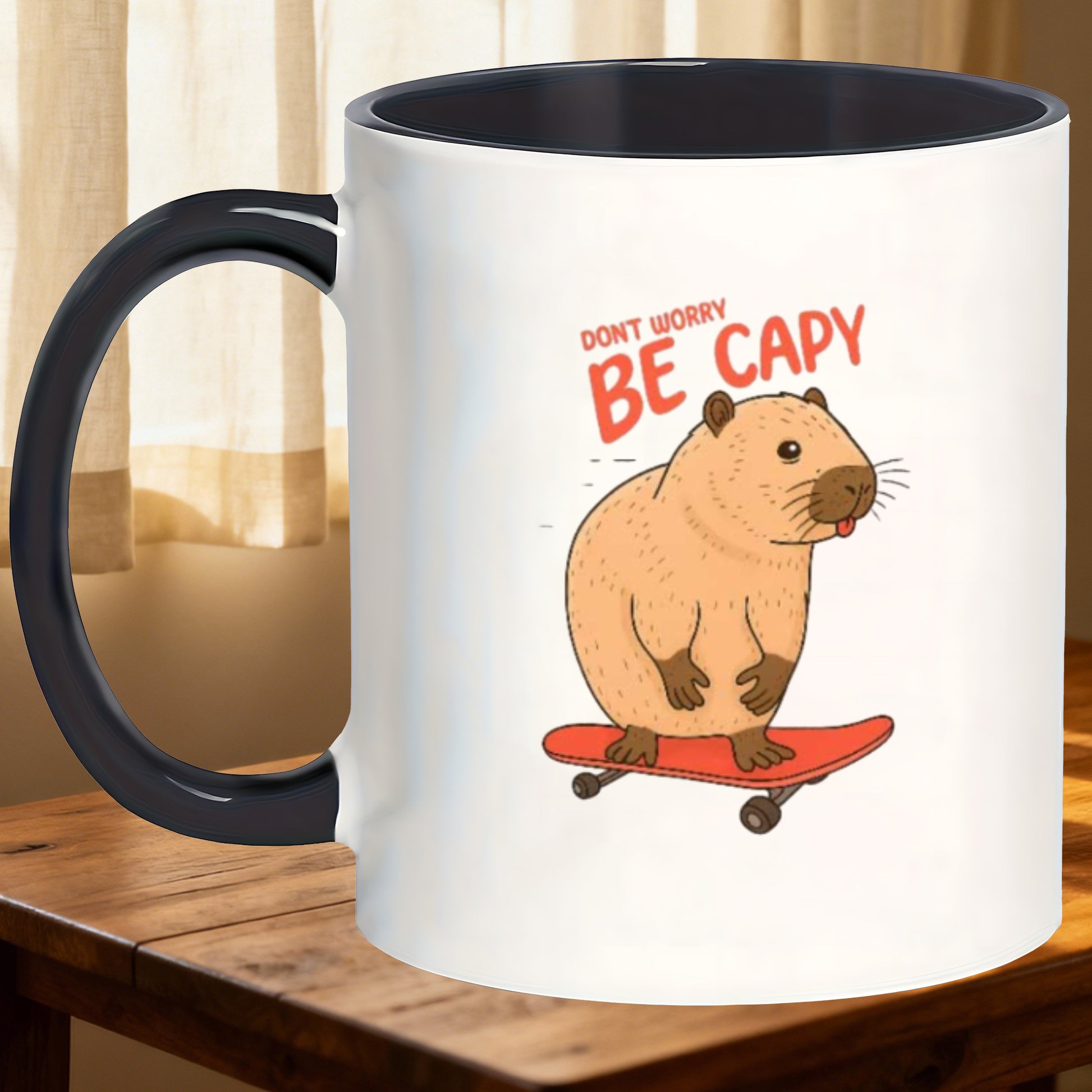 Tailorly Black Accent 11 oz Mug - minimalist matte illustration of capybara skateboarding