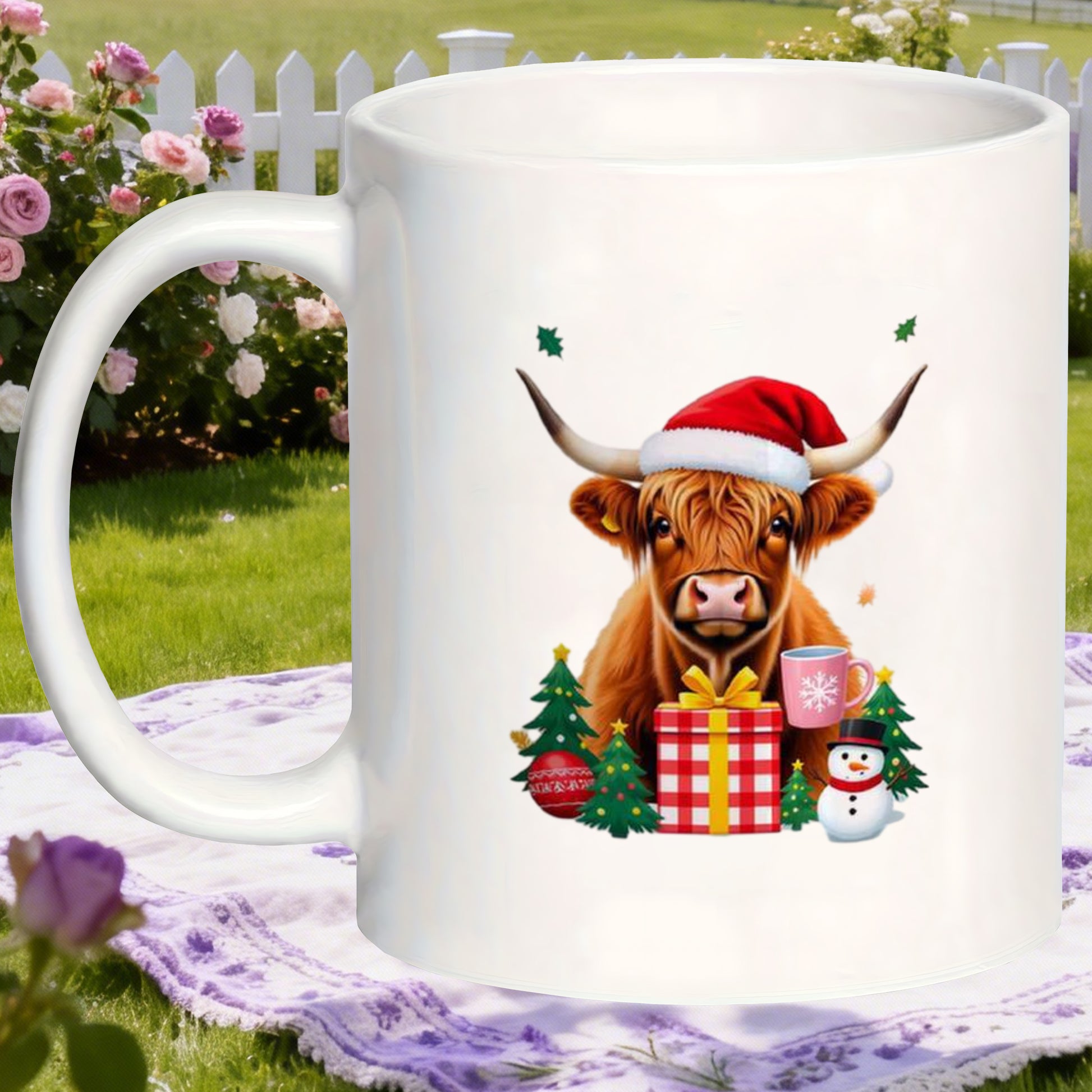 Tailorly White Ceramic 11 oz Mug - whimsical highland cow
