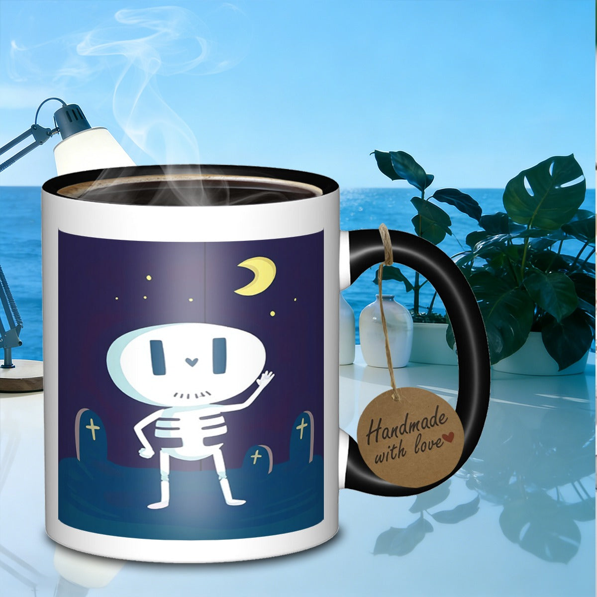 Tailorly Black Accent 11 oz Mug - cartoon skeleton graveyard scene with odor