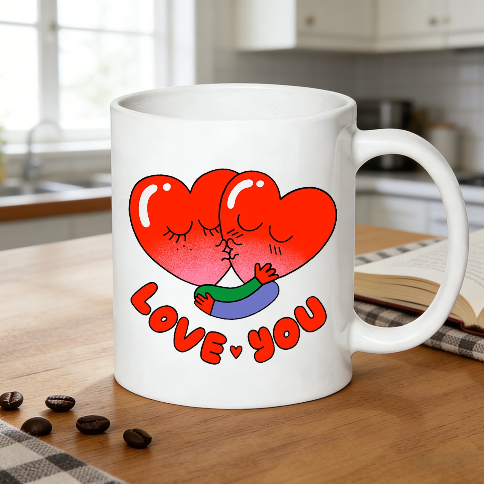 Tailorly White Ceramic 11 oz Mug - hugging hearts and red heart print with "you" text