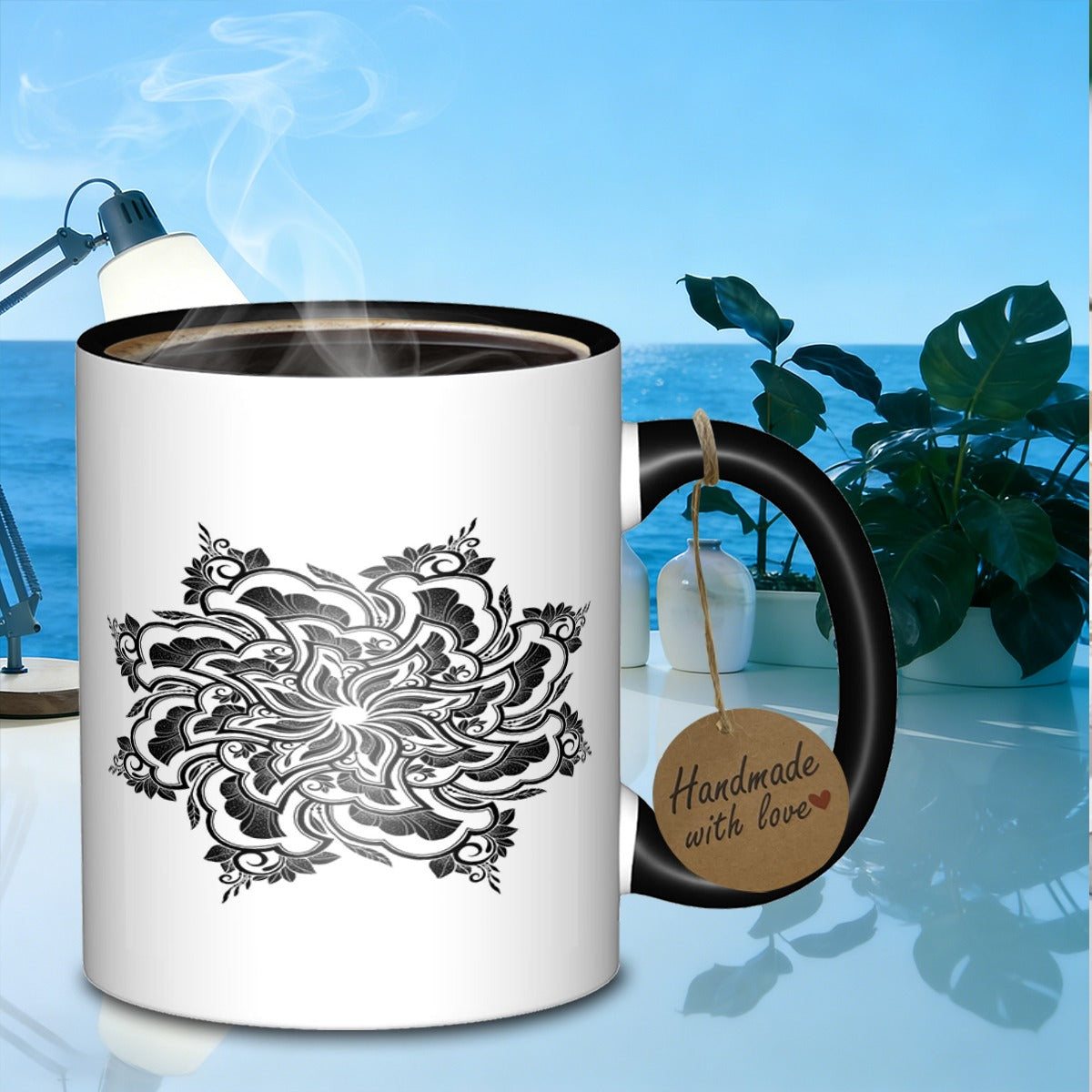 Tailorly Black Accent 11 oz Mug - floral mandala pattern