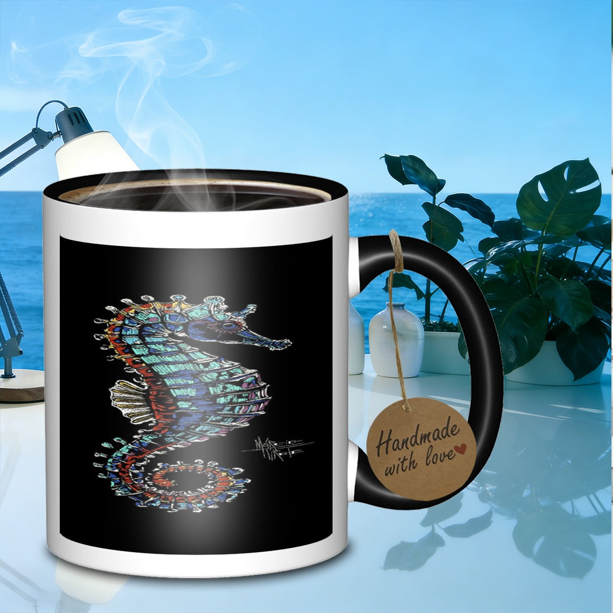 Tailorly Black Accent 11 oz Mug - colorful seahorse creature