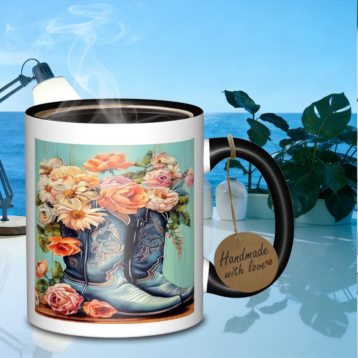 Tailorly Black Accent 11 oz Mug - floral cowboy boot bouquet