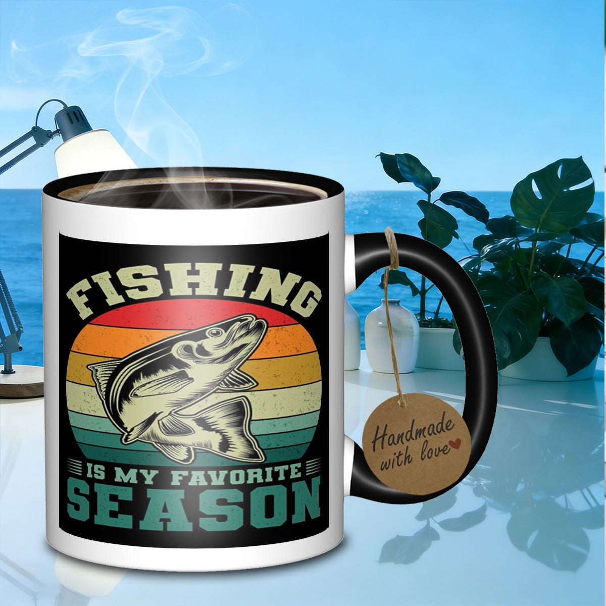 Tailorly Black Accent 11 oz Mug - fishing season text， vibrant flower pattern