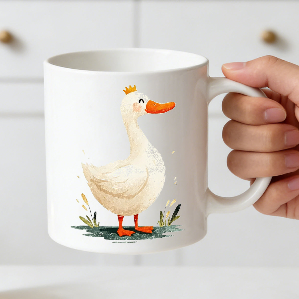 Tailorly White Ceramic 11 oz Mug - tea cup and bird themed illustration