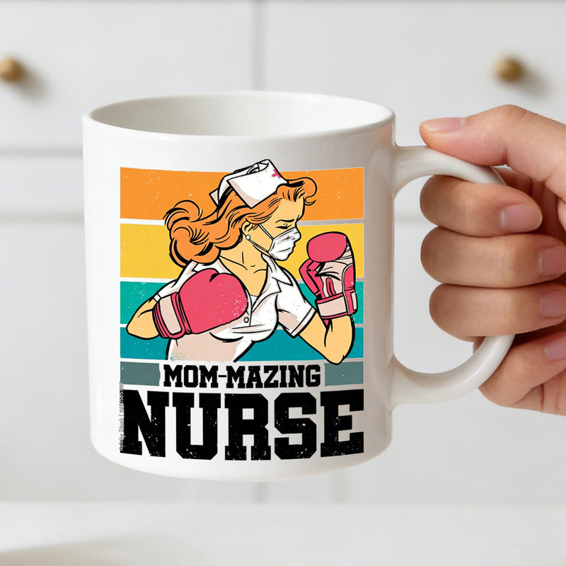 Tailorly White Ceramic 11 oz Mug - mom nurse boxing retro strong empowering gift text