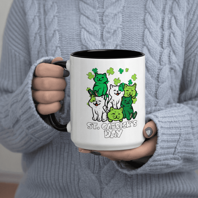 Tailorly Black Accent 11 oz Mug - Cute Cats Clover Irish Theme Design