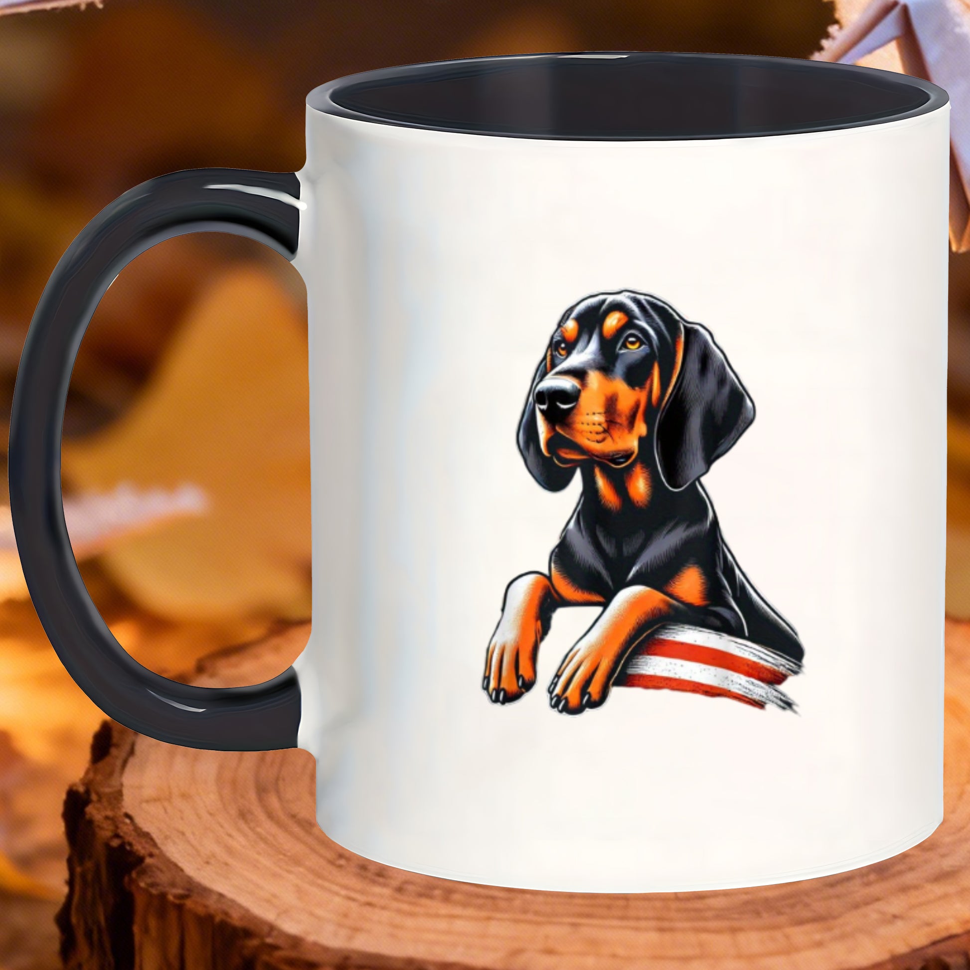 Tailorly Black Accent 11 oz Mug - retro print of the US flag and a black and tan coonhound