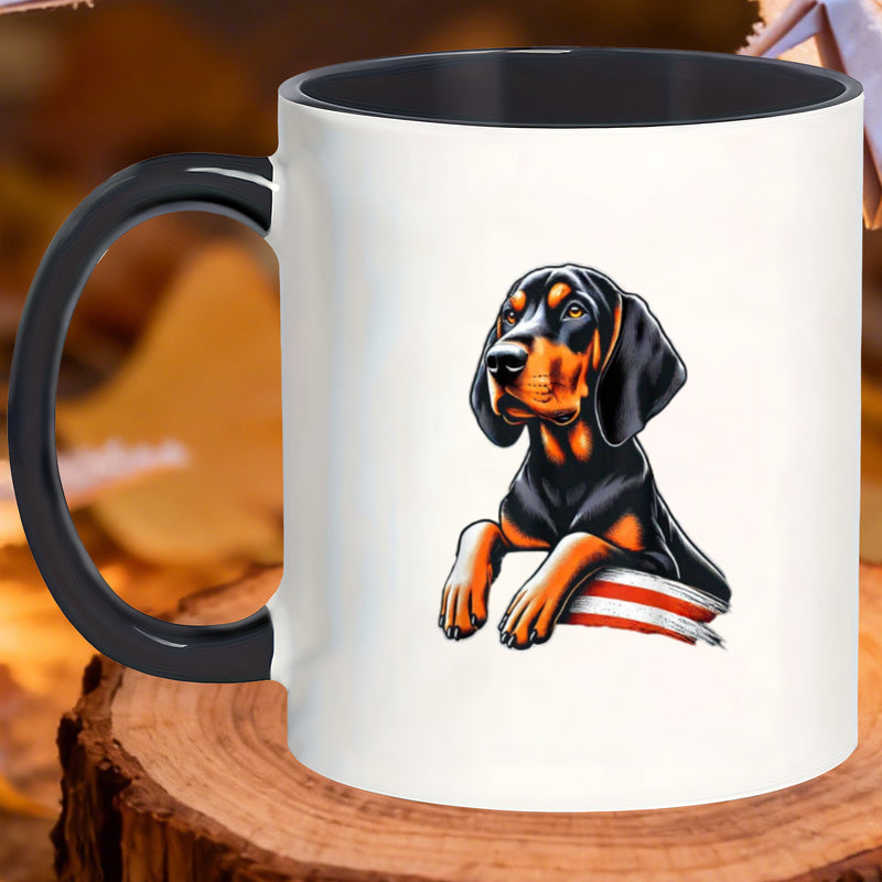 Tailorly Black Accent 11 oz Mug - retro print of the US flag and a black and tan coonhound