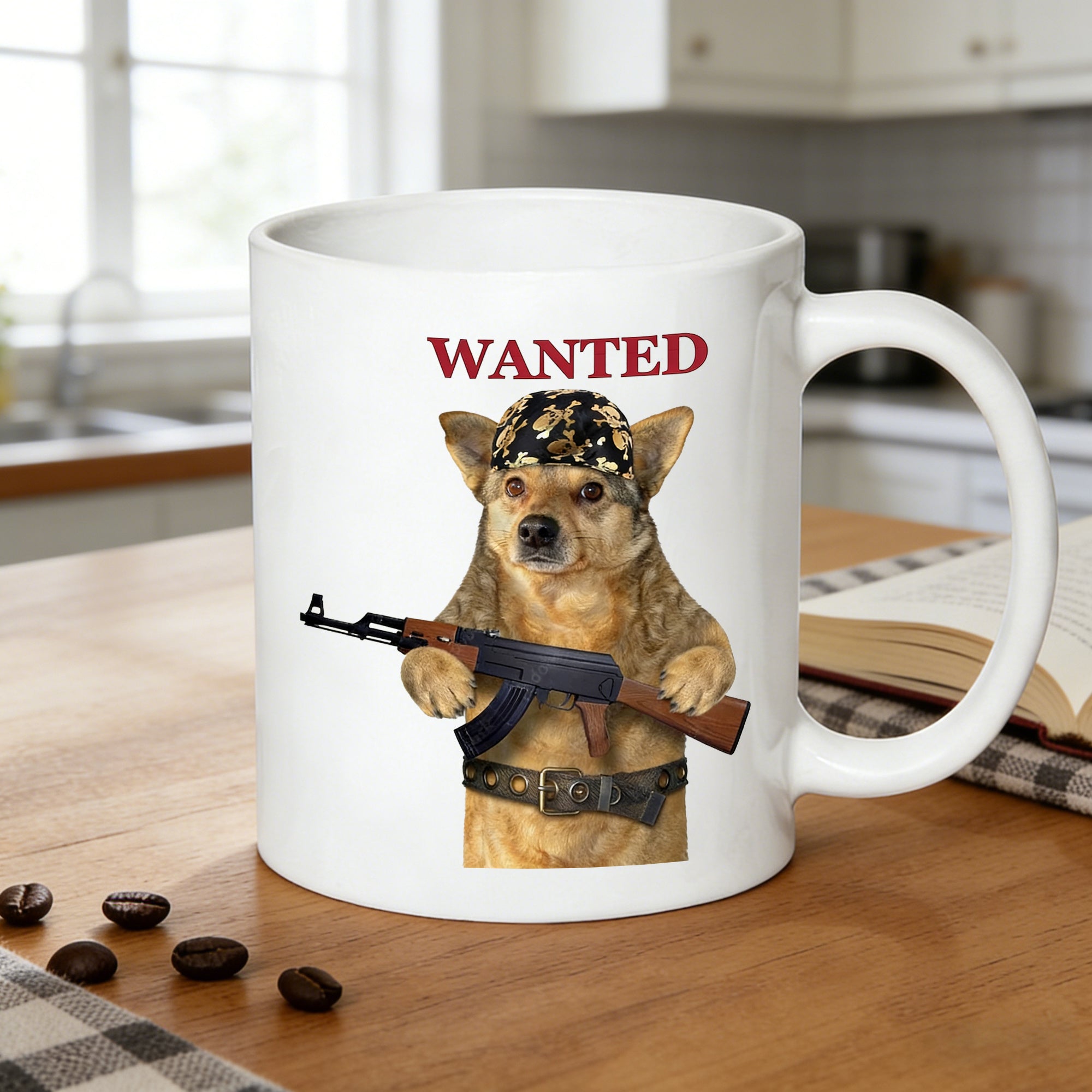 Tailorly White Ceramic 11 oz Mug - cool cartoon dog with gun print