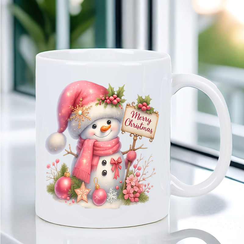 Tailorly White Ceramic 11 oz Mug - whimsical snowman with winter hat
