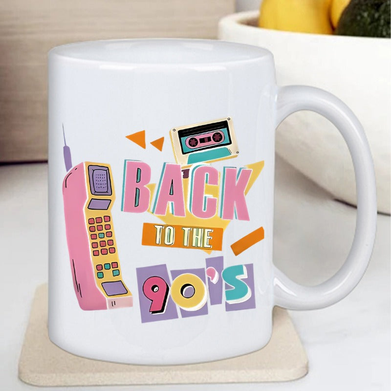 Tailorly White Ceramic 11 oz Mug - retro telephone pattern and the words back in the 90