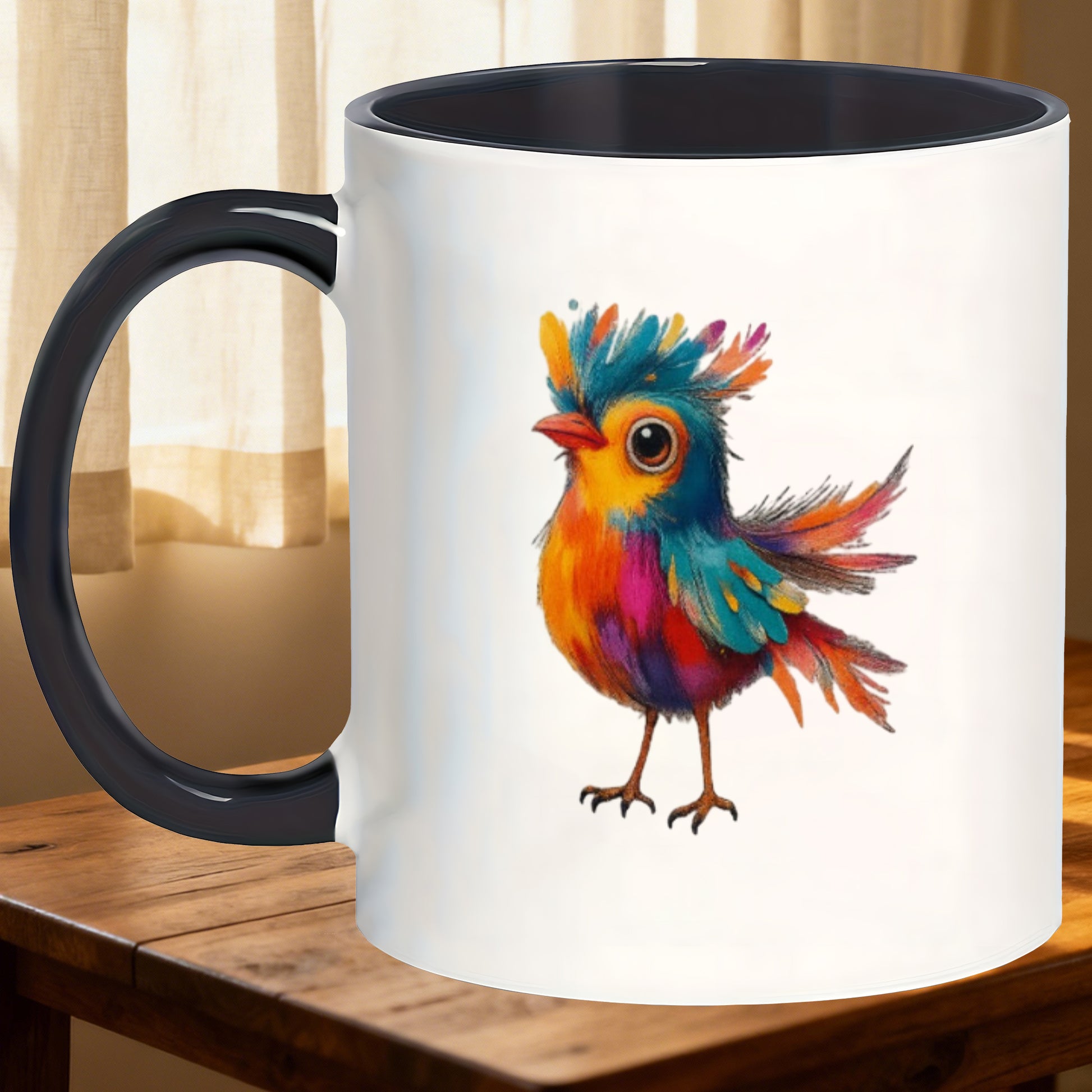 Tailorly Black Accent 11 oz Mug - tea bird with vibrant colorful feather