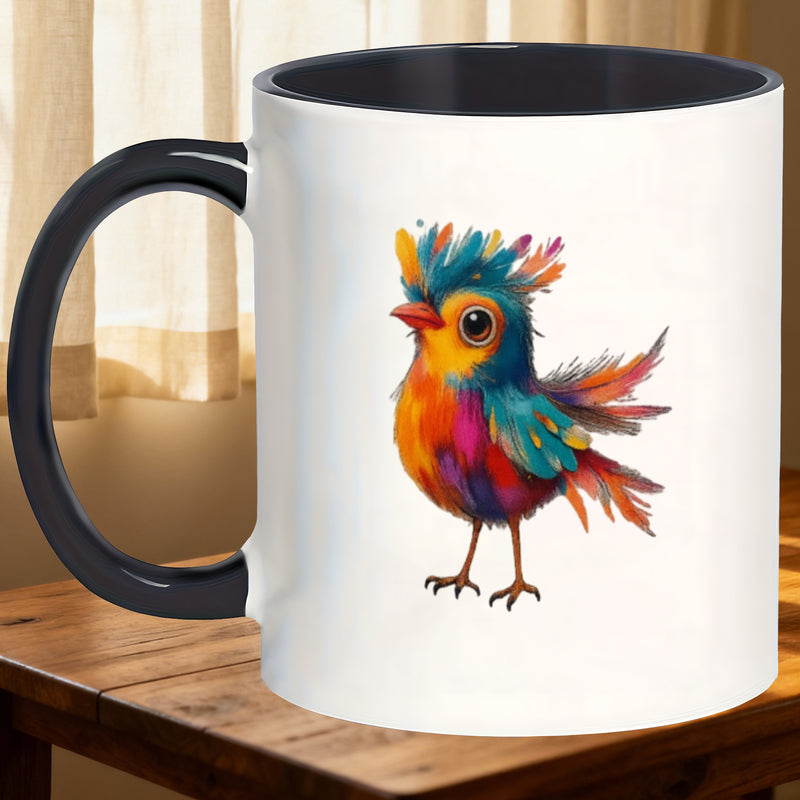 Tailorly Black Accent 11 oz Mug - tea bird with vibrant colorful feather