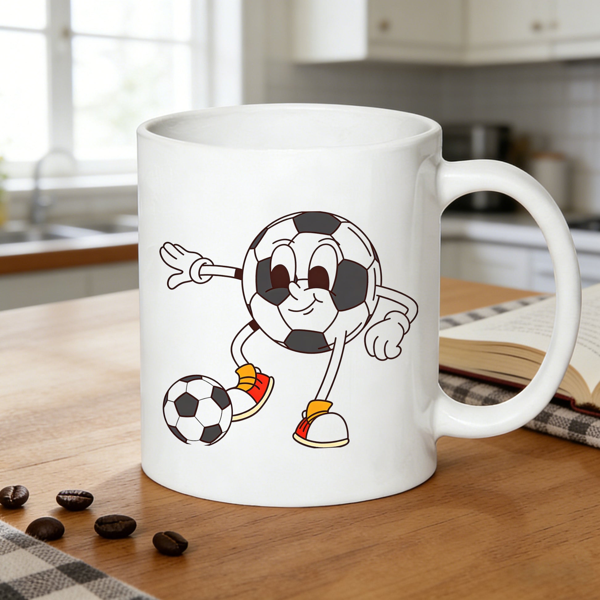 Tailorly White Ceramic 11 oz Mug - funny soccer ball cartoon football character