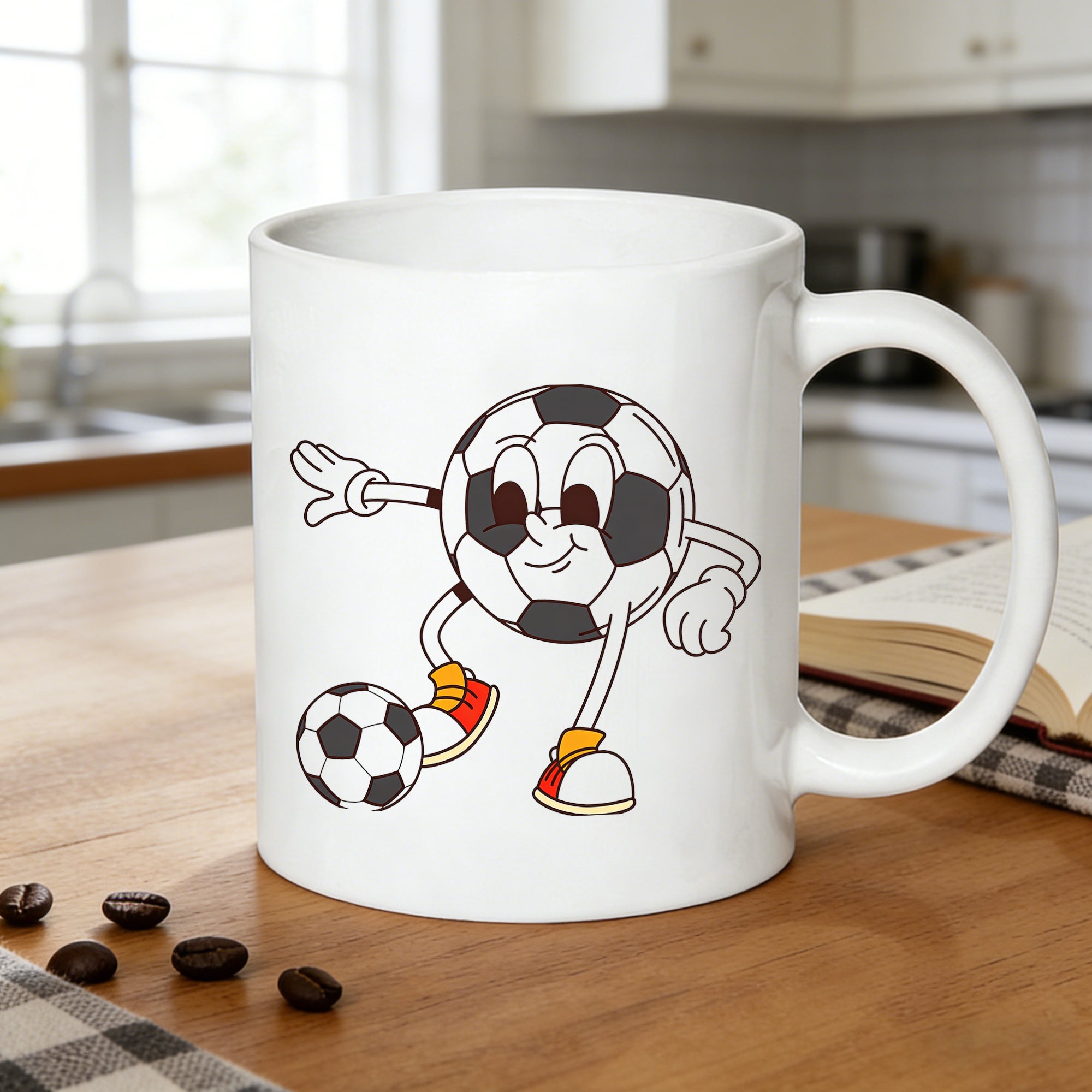 Tailorly White Ceramic 11 oz Mug - funny soccer ball cartoon football character