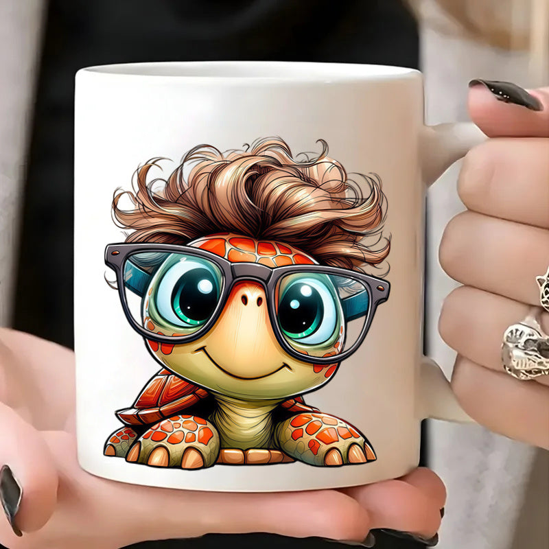 Tailorly White Ceramic 11 oz Mug - cute chibi cartoon turtle with brown hair black glasses orange red spotted shell funny animal design