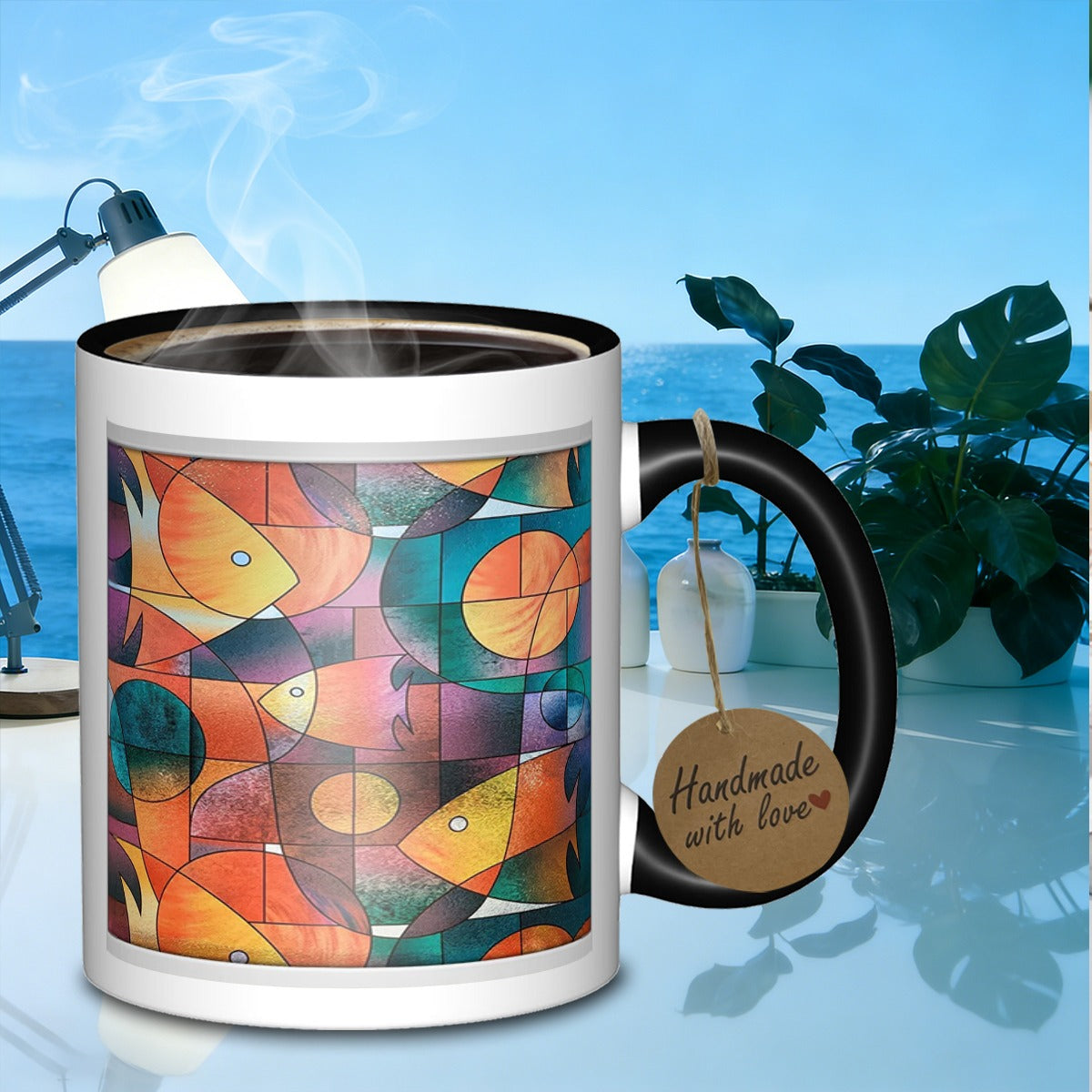 Tailorly Black Accent 11 oz Mug - stained glass fish pattern
