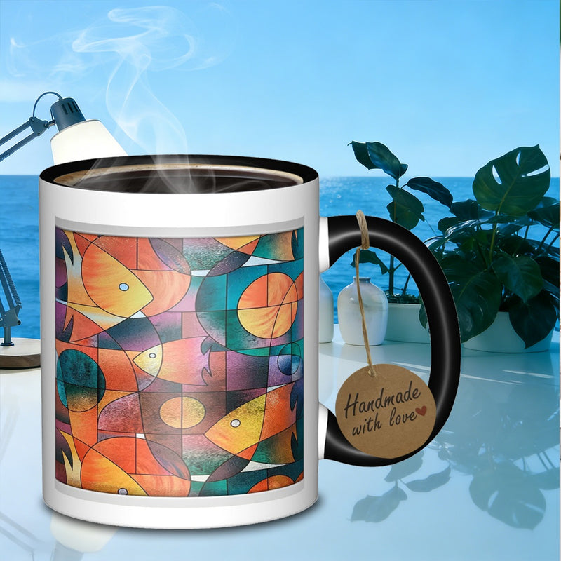 Tailorly Black Accent 11 oz Mug - stained glass fish pattern