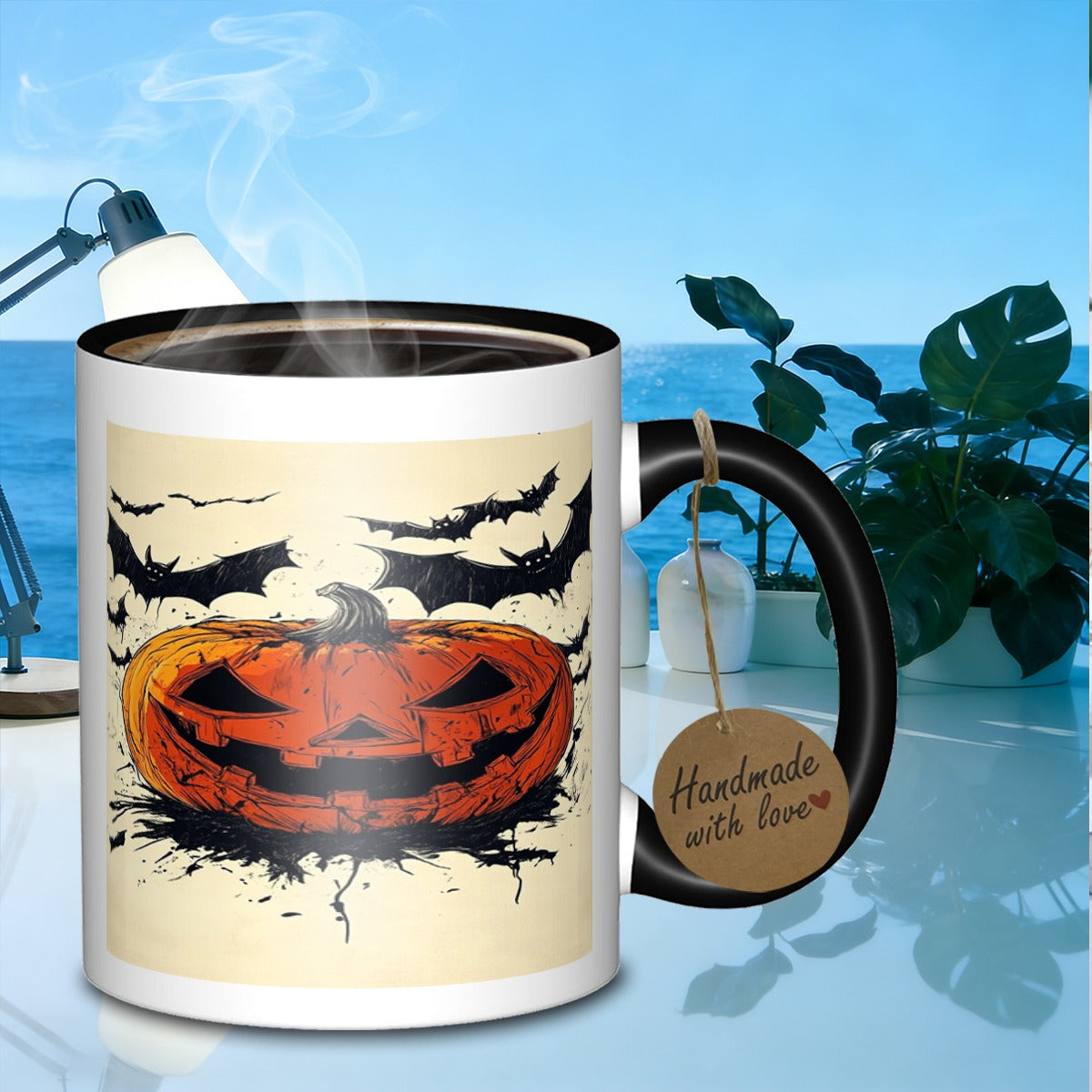 Tailorly Black Accent 11 oz Mug - jack o lantern and bats