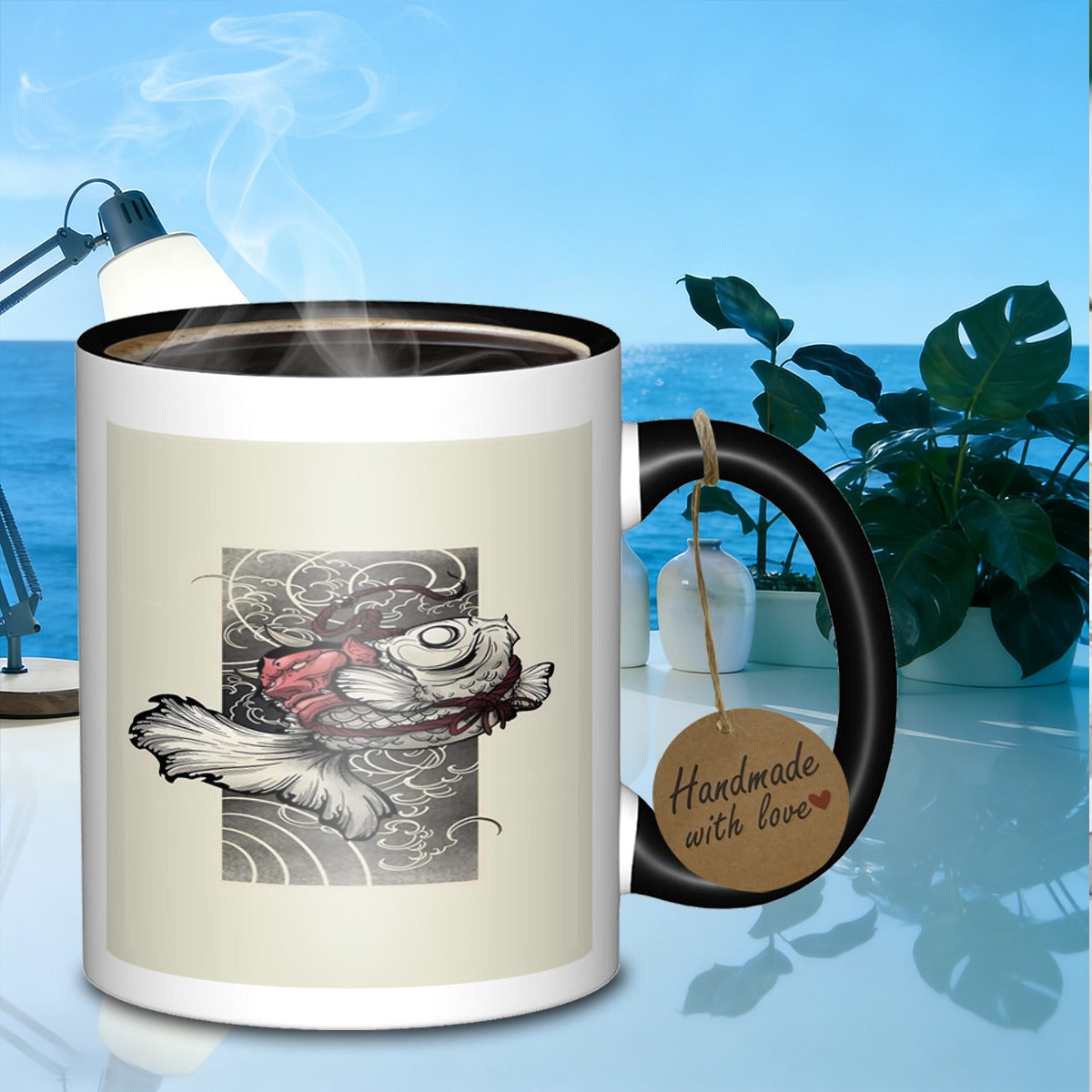 Tailorly Black Accent 11 oz Mug - oni mask and fish themed design