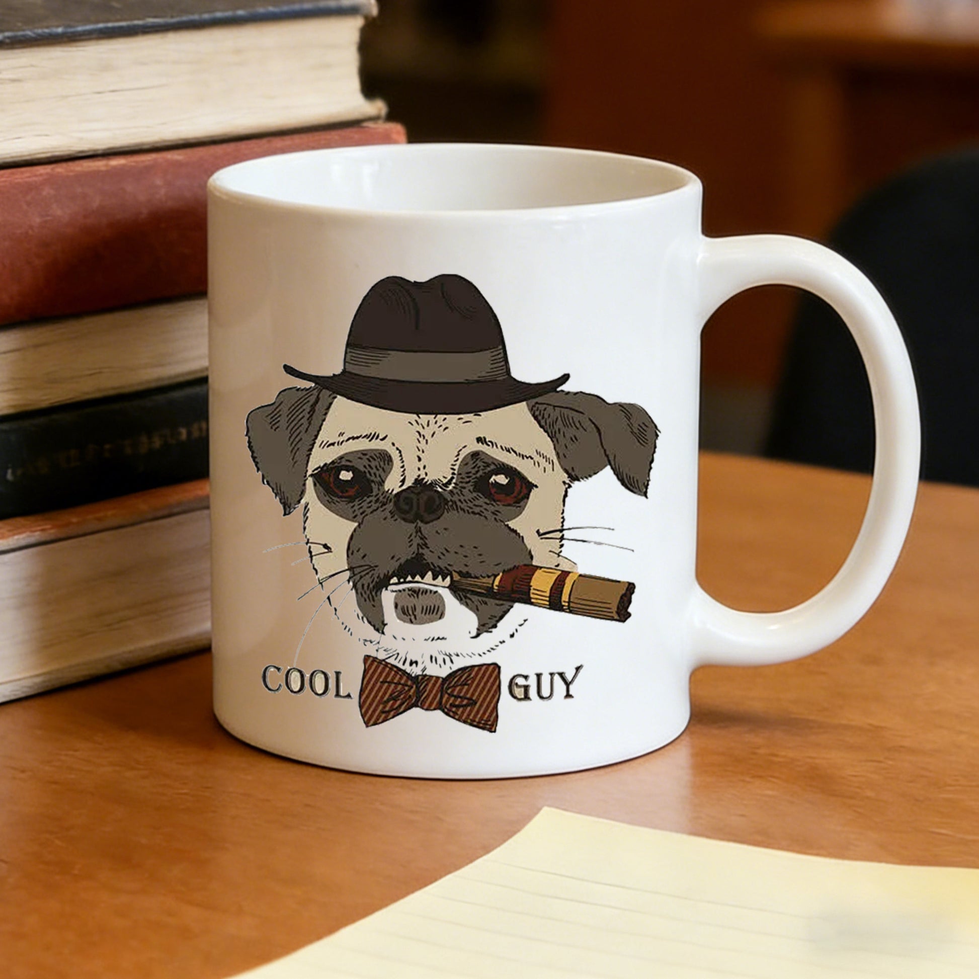Tailorly White Ceramic 11 oz Mug - cool guy pug with vintage fedora and bow tie