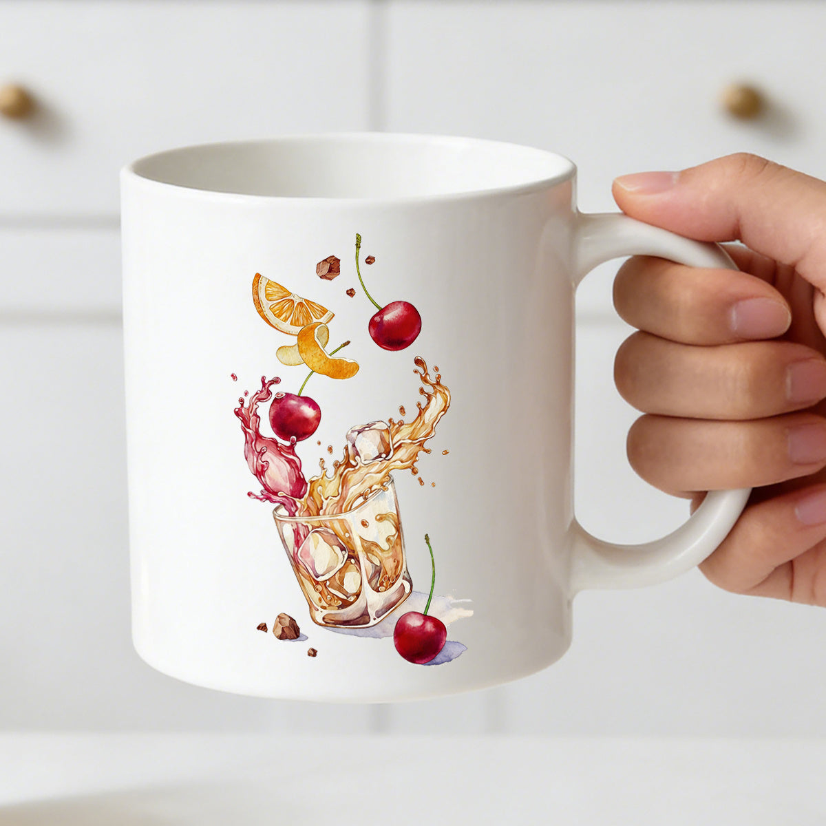 Tailorly White Ceramic 11 oz Mug - watercolor cherry and orange cocktail