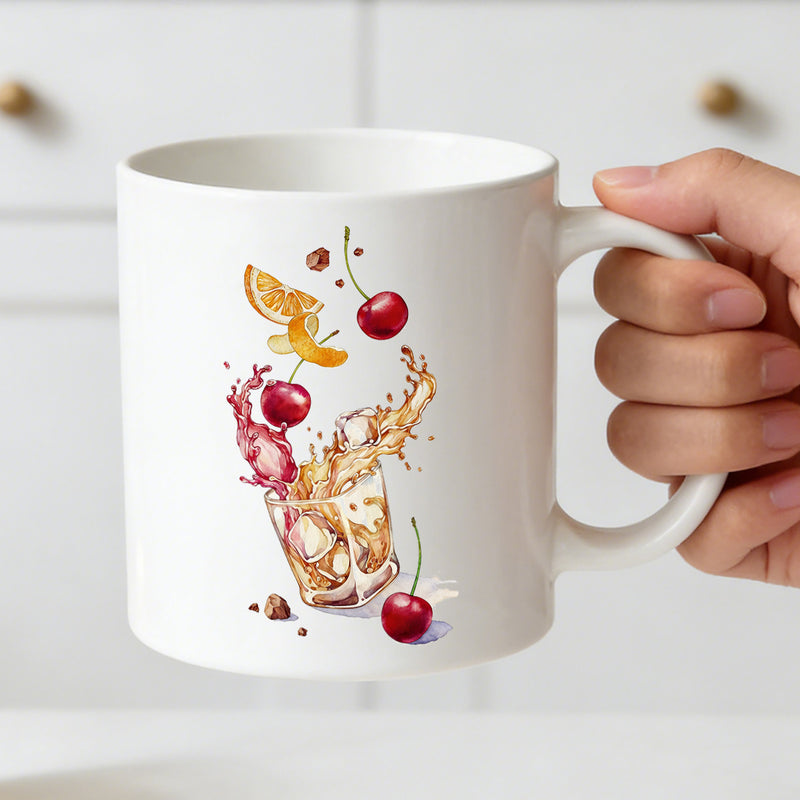 Tailorly White Ceramic 11 oz Mug - watercolor cherry and orange cocktail