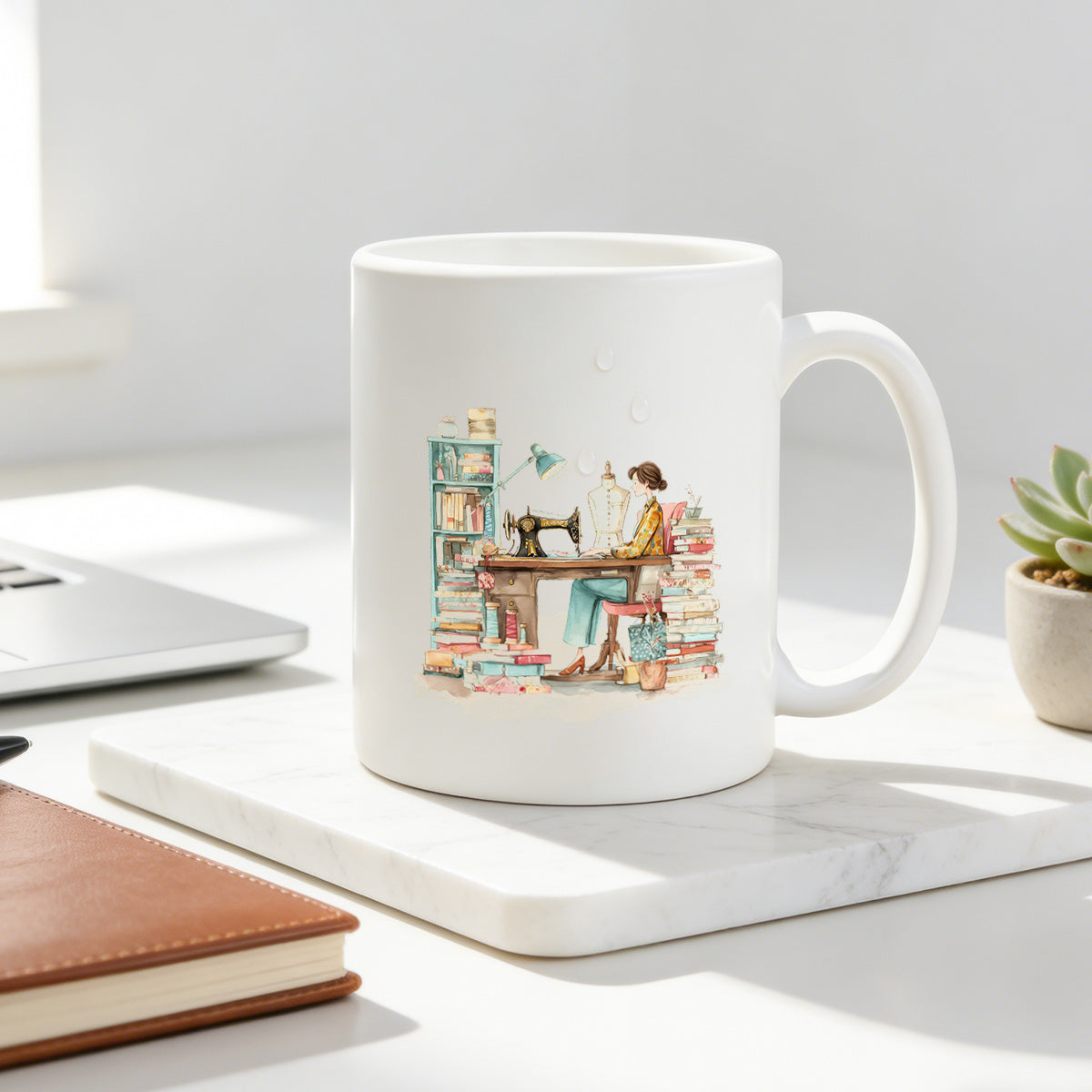 Tailorly White Ceramic 11 oz Mug - watercolor vintage sewing machine