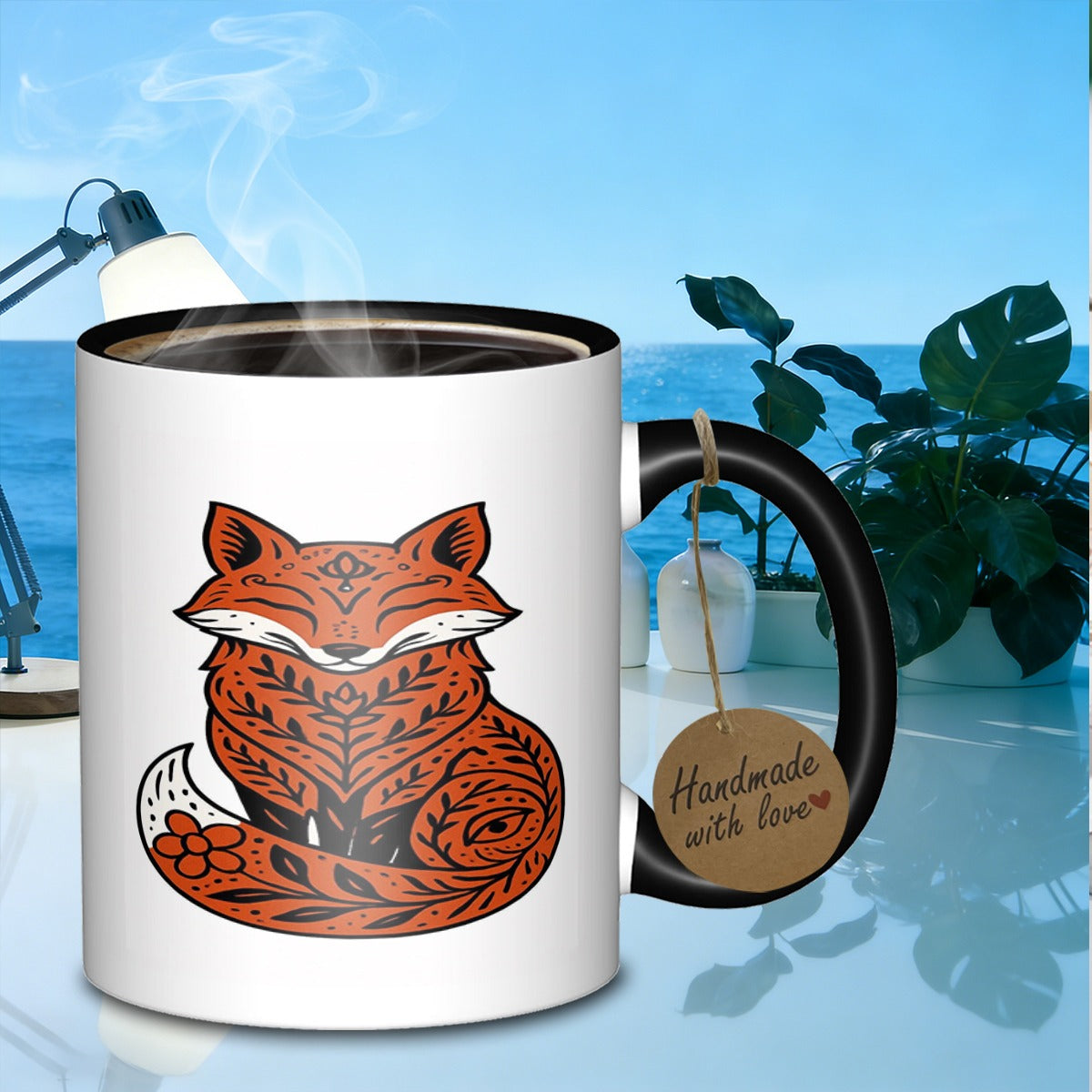 Tailorly Black Accent 11 oz Mug - floral fox portrait