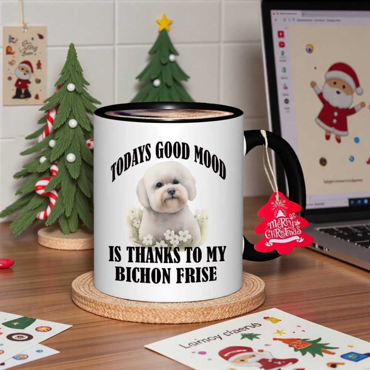 Tailorly Black Accent 11 oz Mug - bichon frise with "today is" text