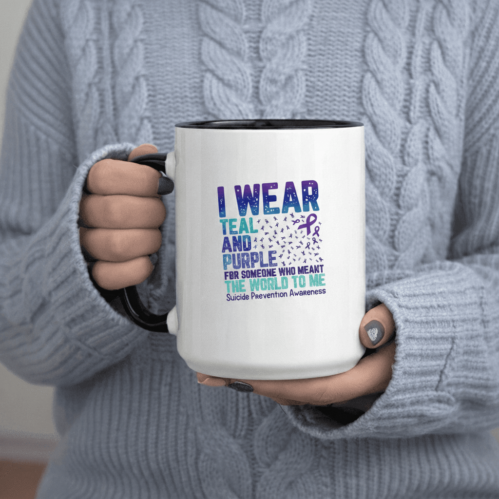 Tailorly Black Accent 11 oz Mug - I Wear Teal and Purple for Who The World to Me Prevention Awareness text