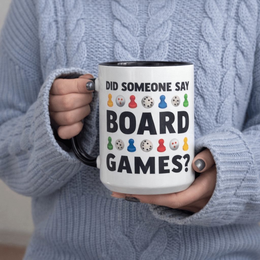 Tailorly Black Accent 11 oz Mug - board games fun dice and pawns design
